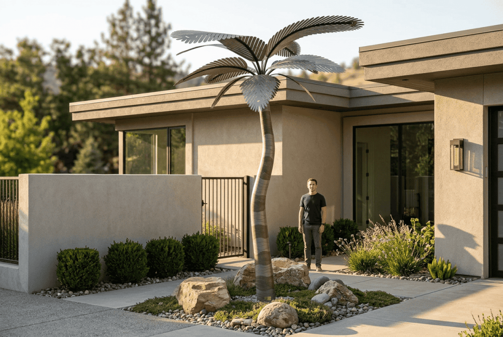 Designer Palms for modern landscaping and outdoor decor. Unique, stylish palm trees enhance curb app.