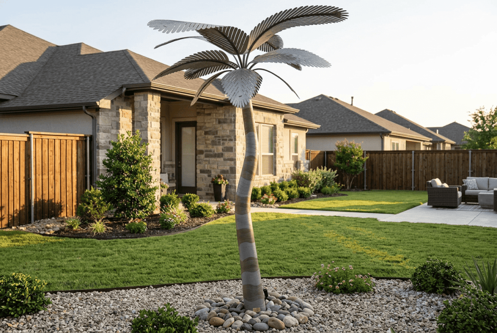 Metal palm tree sculpture for modern landscape design and outdoor decor. Durable, stylish, and eye-c.