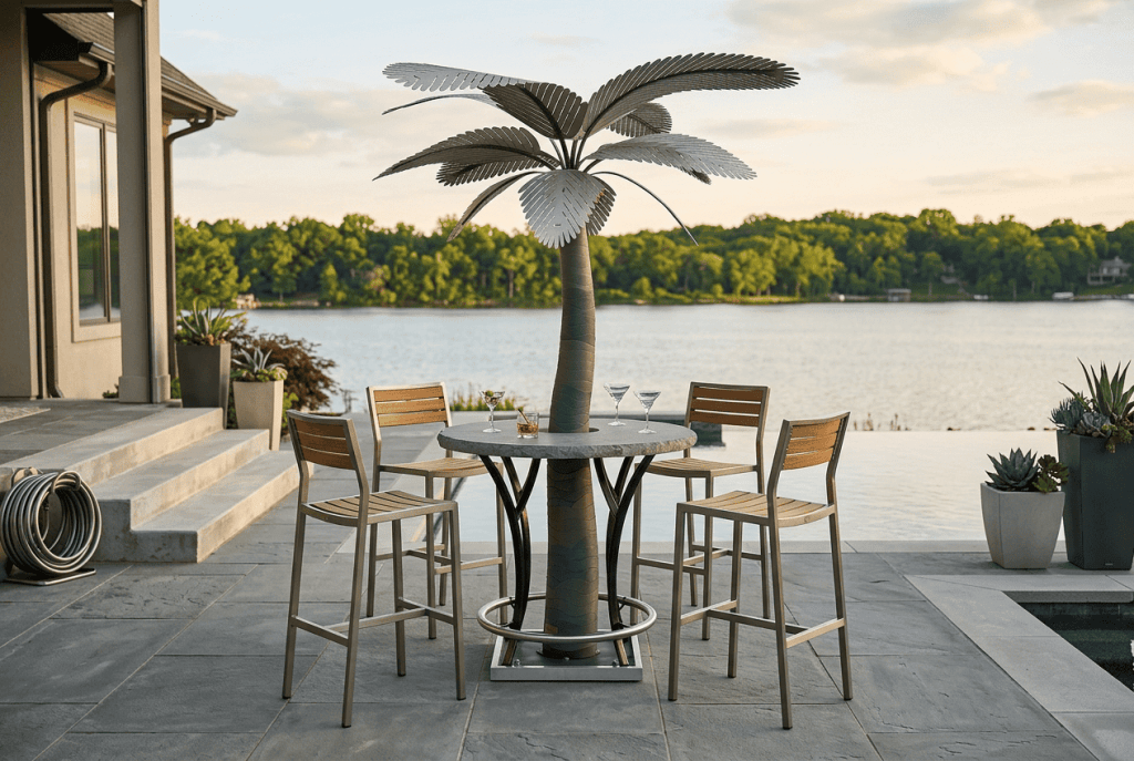 Modern outdoor patio with designer palm centerpiece and lake view.