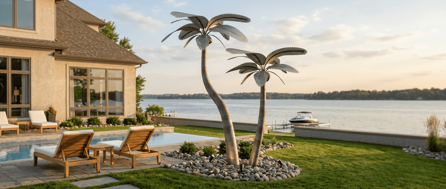 Elegant designer palms with curved trunks near the waterfront.