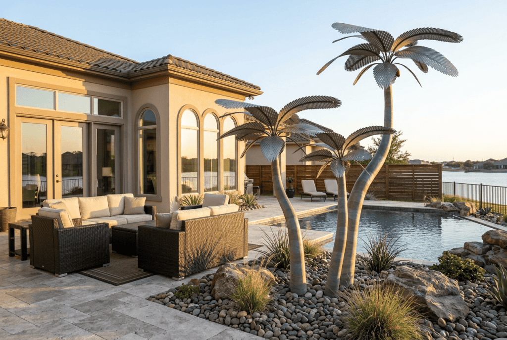 Elegant outdoor patio with designer palms, seating area, and pool by the water.