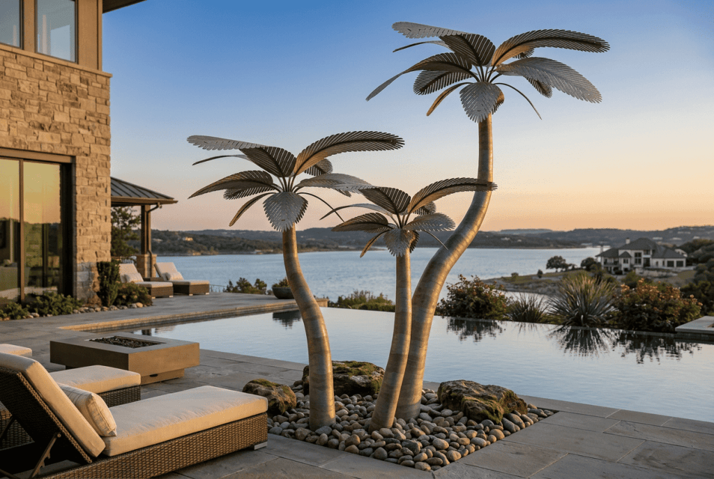 Outdoor designer palms with water view and modern poolside setting.