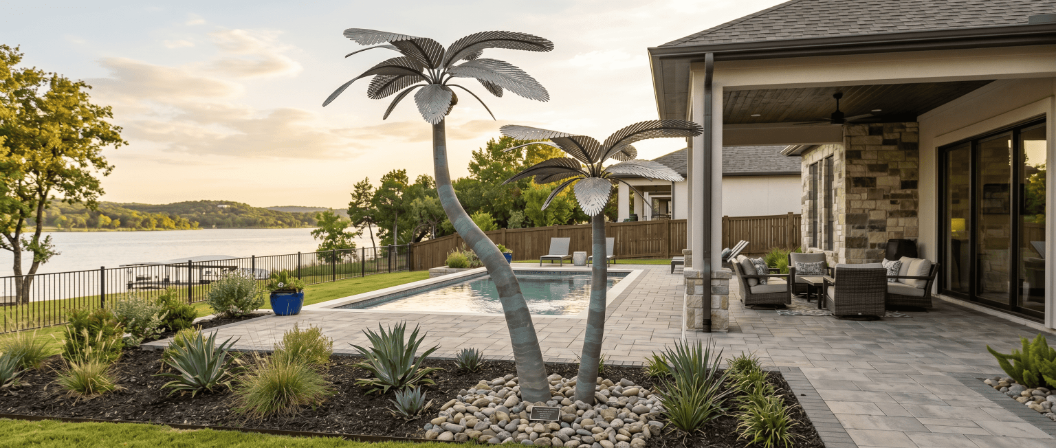Elegant designer palms and modern outdoor living space with pool and patio furniture.