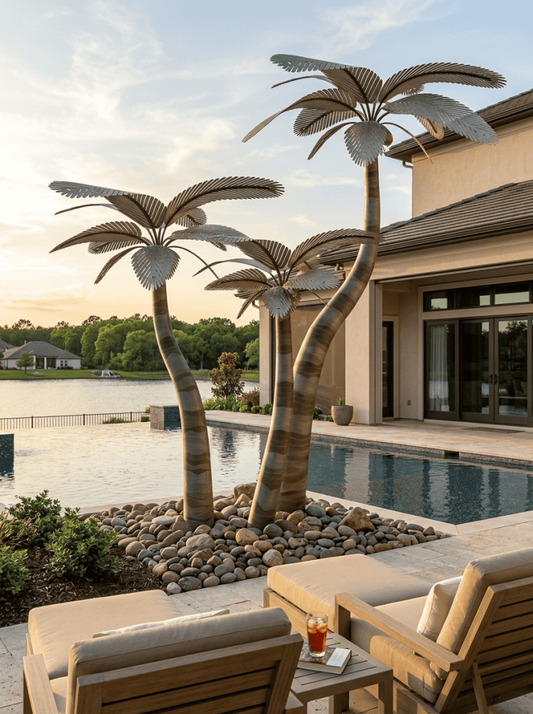 Metal palm tree sculptures for outdoor decor and landscaping.