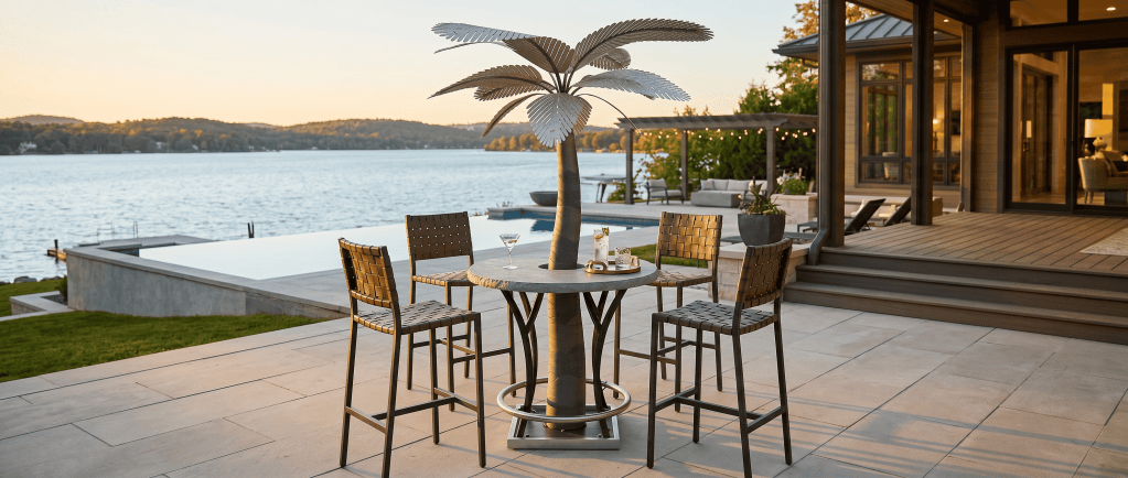 Outdoor patio featuring Designer Palms and modern furniture by the water.
