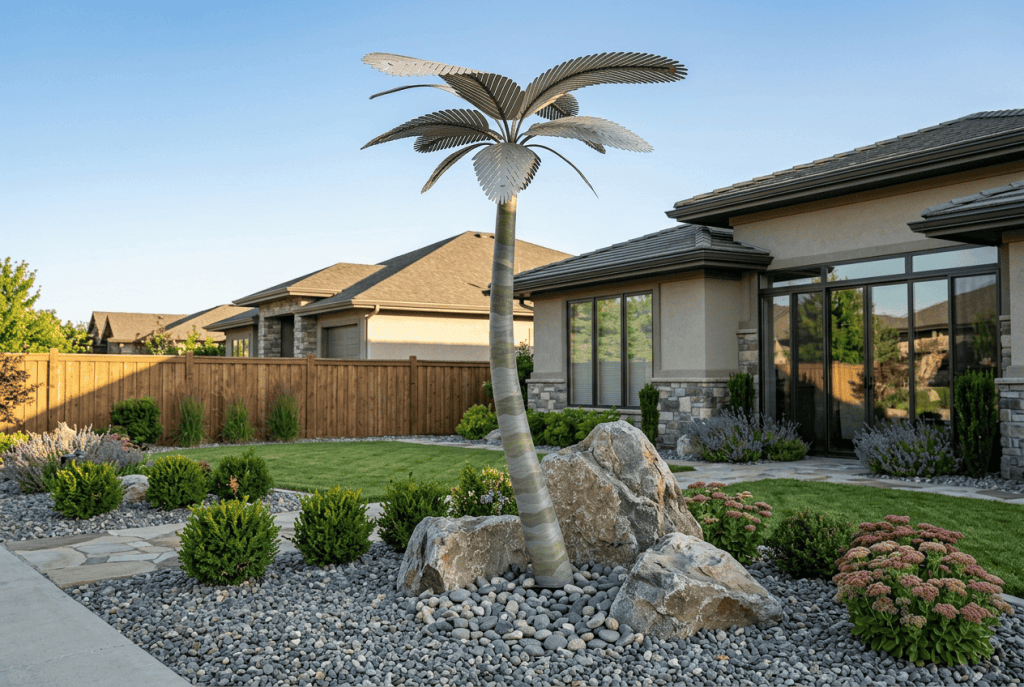 Modern tropical palm tree sculpture in a landscaped garden with rocks and shrubs.