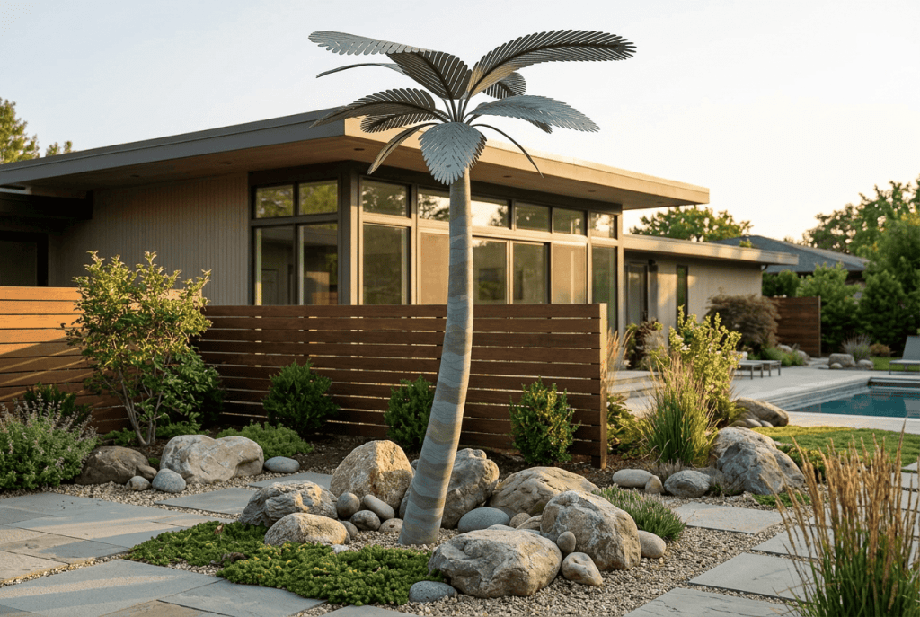 Designer palms and modern landscaping in a stylish backyard setting.