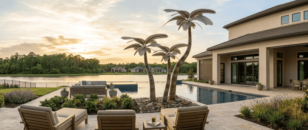 Elegant outdoor pool area featuring stylish designer palms and contemporary furniture for a luxuriou.